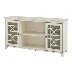 Antique White Wood and Glass Transitional 2 Door Fretwork Sideboard with Adjustable Shelves by Welwick Designs