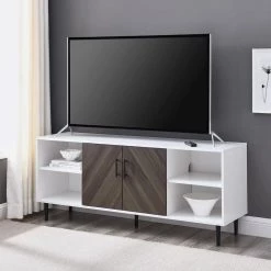 58 in. Ash Brown Bookmatch and Solid White Wood Modern 2-Door TV Stand Fits TVs up to 65 in. by Welwick Designs -Deals Welwick Designs Store ash brown bookmatch and solid white welwick designs tv stands hd9138 31 1000
