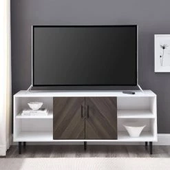 58 in. Ash Brown Bookmatch and Solid White Wood Modern 2-Door TV Stand Fits TVs up to 65 in. by Welwick Designs