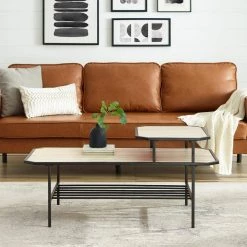 44 in. Birch Wood and Metal Tiered Coffee Table with Chamfered Corners by Welwick Designs