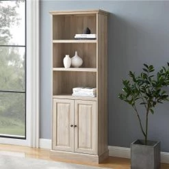 Birch Wood Transitional Hutch Shelf with 2-Beveled Doors by Welwick Designs