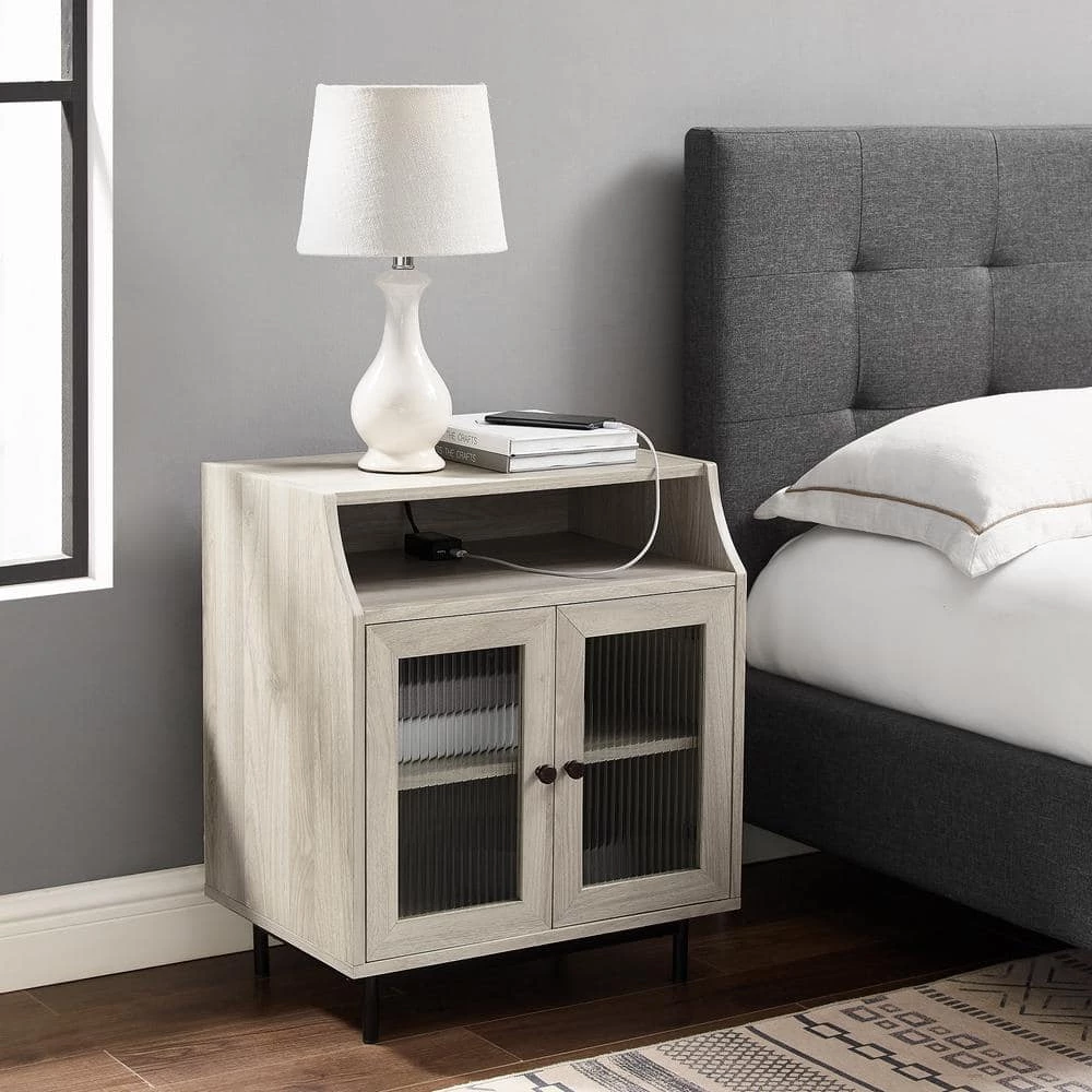 Birch Wood and Fluted Glass 2-Door Nightstand with Mountable USB Port by Welwick Designs 1 Birch Wood and Fluted Glass 2-Door Nightstand with Mountable USB Port by Welwick Designs