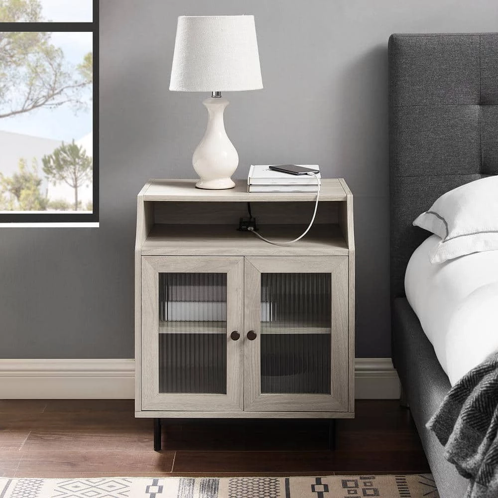 Birch Wood and Fluted Glass 2-Door Nightstand with Mountable USB Port by Welwick Designs 2 Birch Wood and Fluted Glass 2-Door Nightstand with Mountable USB Port by Welwick Designs - Image 2