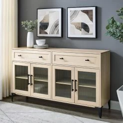 Birch Wood and Fluted Glass 4-Door Urban Transitional Sideboard by Welwick Designs