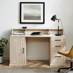 58 in. Rectangular Birch Wood 3-Drawer Pedestal Writing Desk Hutch with Cabinet by Welwick Designs -Deals Welwick Designs Store birch welwick designs writing desks hd8896 31 1000