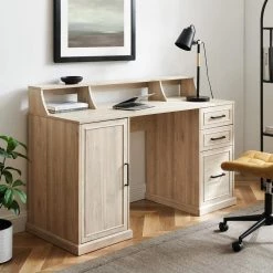 58 in. Rectangular Birch Wood 3-Drawer Pedestal Writing Desk Hutch with Cabinet by Welwick Designs