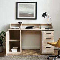 58 in. Rectangular Birch Wood 3-Drawer Pedestal Writing Desk Hutch with Cabinet by Welwick Designs -Deals Welwick Designs Store birch welwick designs writing desks hd8896 77 1000