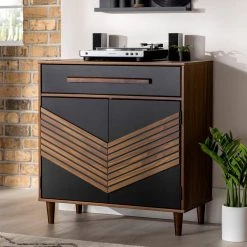 Black and Brown Solid Wood 1-Drawer Accent Cabinet with 3D Chevron Doors by Welwick Designs