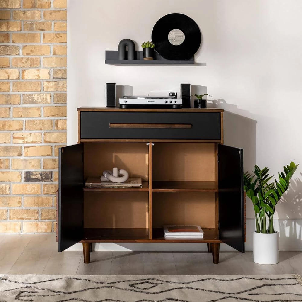 Black and Brown Solid Wood 1-Drawer Accent Cabinet with 3D Chevron Doors by Welwick Designs 2 Black and Brown Solid Wood 1-Drawer Accent Cabinet with 3D Chevron Doors by Welwick Designs - Image 2