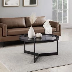 33 in. Smoked Glass/Black Metal Minimalist Round Tray-Top Coffee Table by Welwick Designs -Deals Welwick Designs Store black metal smoked glass welwick designs coffee tables hd9271 31 1000