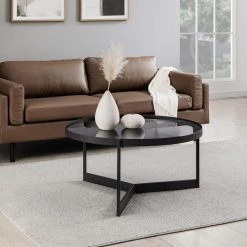 33 in. Smoked Glass/Black Metal Minimalist Round Tray-Top Coffee Table by Welwick Designs