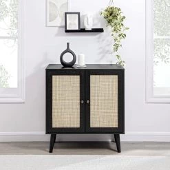 Black Wood and Rattan Boho Accent Cabinet with 2-Doors by Welwick Designs -Deals Welwick Designs Store black welwick designs accent cabinets hd9166 31 1000