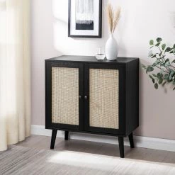Black Wood and Rattan Boho Accent Cabinet with 2-Doors by Welwick Designs