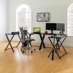 102 in. U-Shaped Black Metal Computer Desks with Glass Top by Welwick Designs