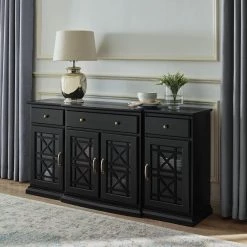 Landon Fretwork 60 in. Black 4-Door Sideboard with 3-Drawers by Welwick Designs