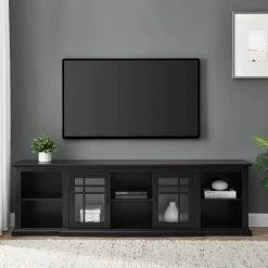 80 in. Black Transitional Wood and Glass-Door TV Stand with Cable Management (Max tv size 88 in.) by Welwick Designs -Deals Welwick Designs Store black welwick designs tv stands hd9165 66 1000