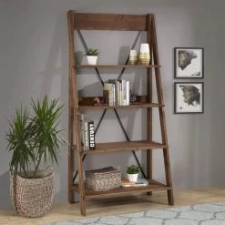 68 in. Brown Wood 4-shelf Ladder Bookcase with Open Back by Welwick Designs