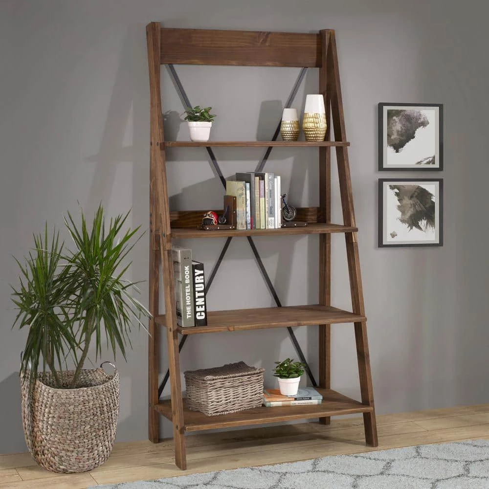 68 in. Brown Wood 4-shelf Ladder Bookcase with Open Back by Welwick Designs 1 68 in. Brown Wood 4-shelf Ladder Bookcase with Open Back by Welwick Designs