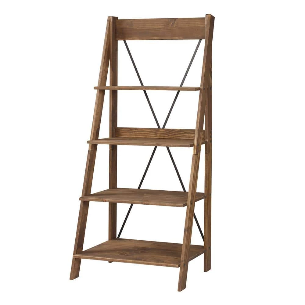68 in. Brown Wood 4-shelf Ladder Bookcase with Open Back by Welwick Designs 2 68 in. Brown Wood 4-shelf Ladder Bookcase with Open Back by Welwick Designs - Image 2