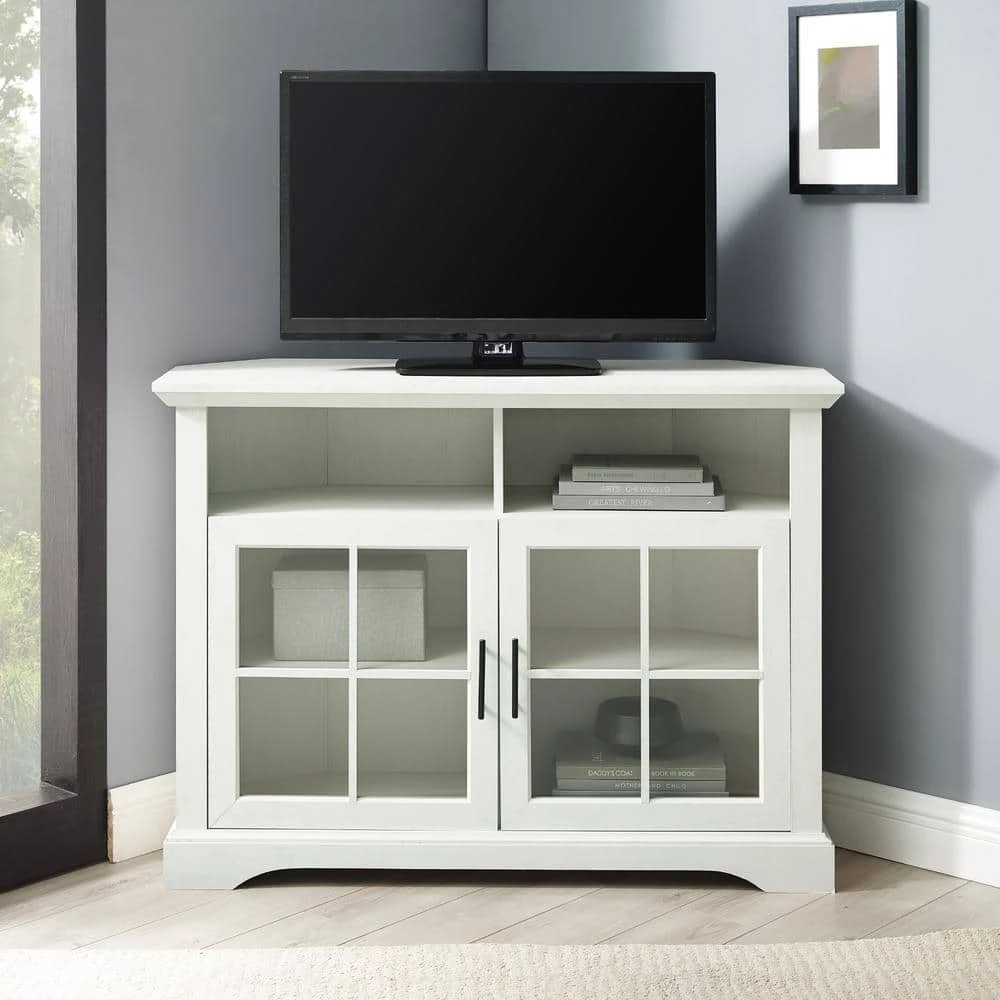 44 in. Brushed White Wood and Glass Traditional Window Pane 2-Door Tall Corner TV Stand Fits TVs up to 50 in. by Welwick Designs 9 44 in. Brushed White Wood and Glass Traditional Window Pane 2-Door Tall Corner TV Stand Fits TVs up to 50 in. by Welwick Designs - Image 9