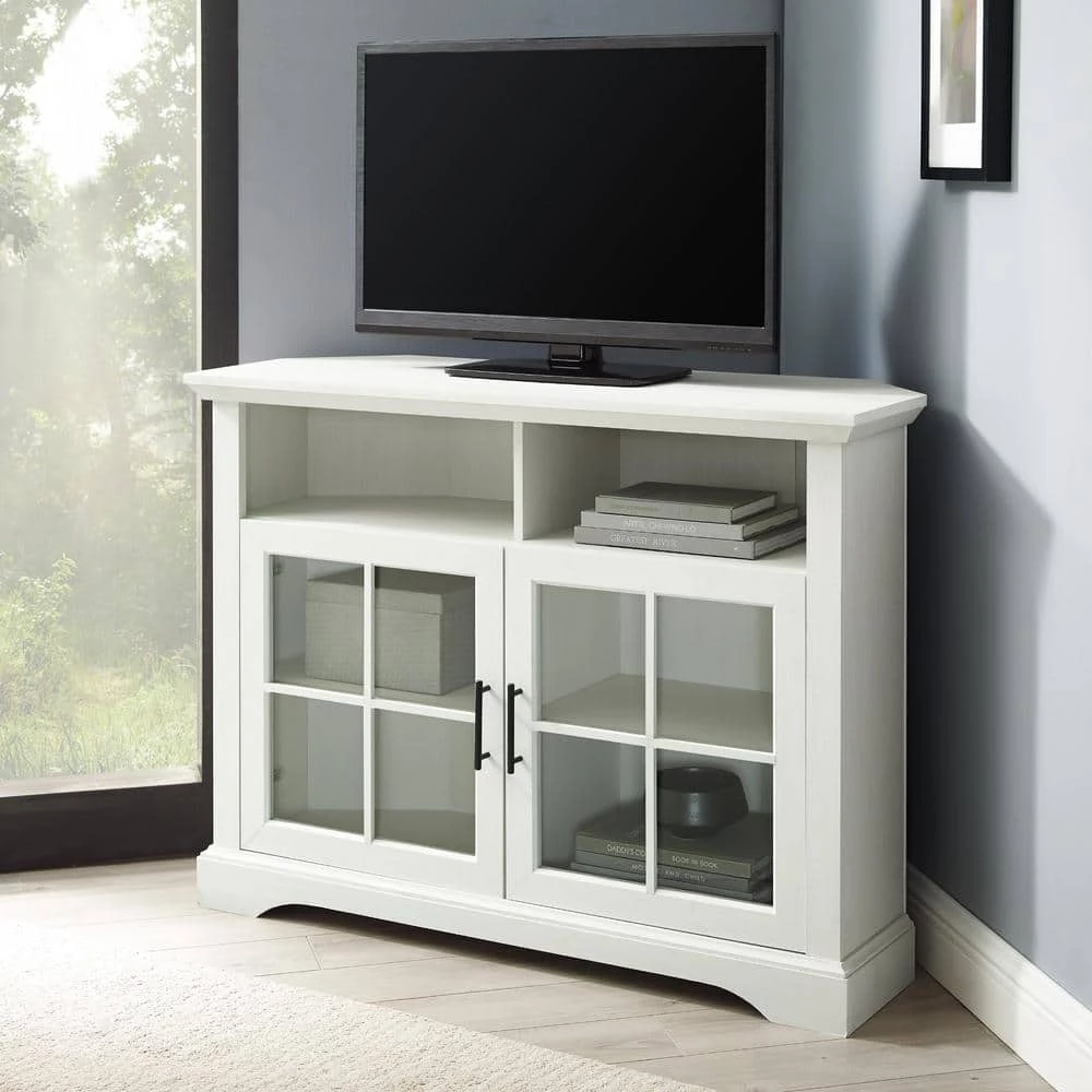44 in. Brushed White Wood and Glass Traditional Window Pane 2-Door Tall Corner TV Stand Fits TVs up to 50 in. by Welwick Designs 1 44 in. Brushed White Wood and Glass Traditional Window Pane 2-Door Tall Corner TV Stand Fits TVs up to 50 in. by Welwick Designs