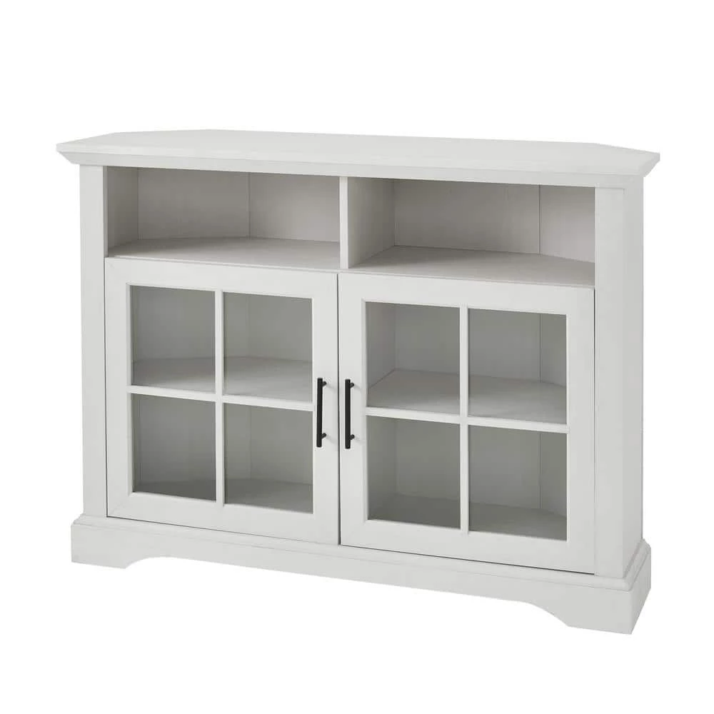 44 in. Brushed White Wood and Glass Traditional Window Pane 2-Door Tall Corner TV Stand Fits TVs up to 50 in. by Welwick Designs 4 44 in. Brushed White Wood and Glass Traditional Window Pane 2-Door Tall Corner TV Stand Fits TVs up to 50 in. by Welwick Designs - Image 4