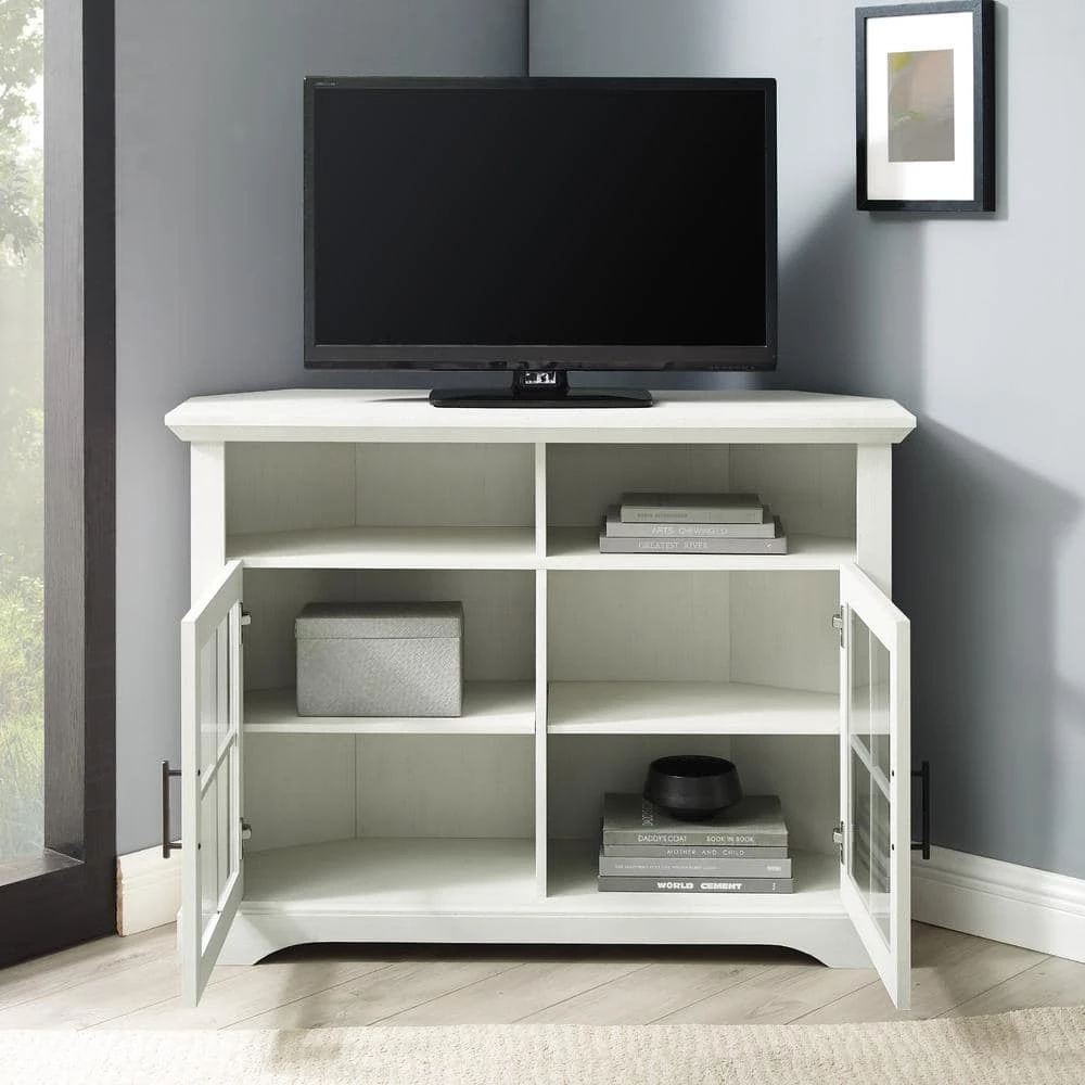 44 in. Brushed White Wood and Glass Traditional Window Pane 2-Door Tall Corner TV Stand Fits TVs up to 50 in. by Welwick Designs 2 44 in. Brushed White Wood and Glass Traditional Window Pane 2-Door Tall Corner TV Stand Fits TVs up to 50 in. by Welwick Designs - Image 2