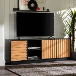 70 in. Caramel and Black Solid Wood Modern Boho TV Stand with 3 Doors (Max tv size 80 in.) by Welwick Designs