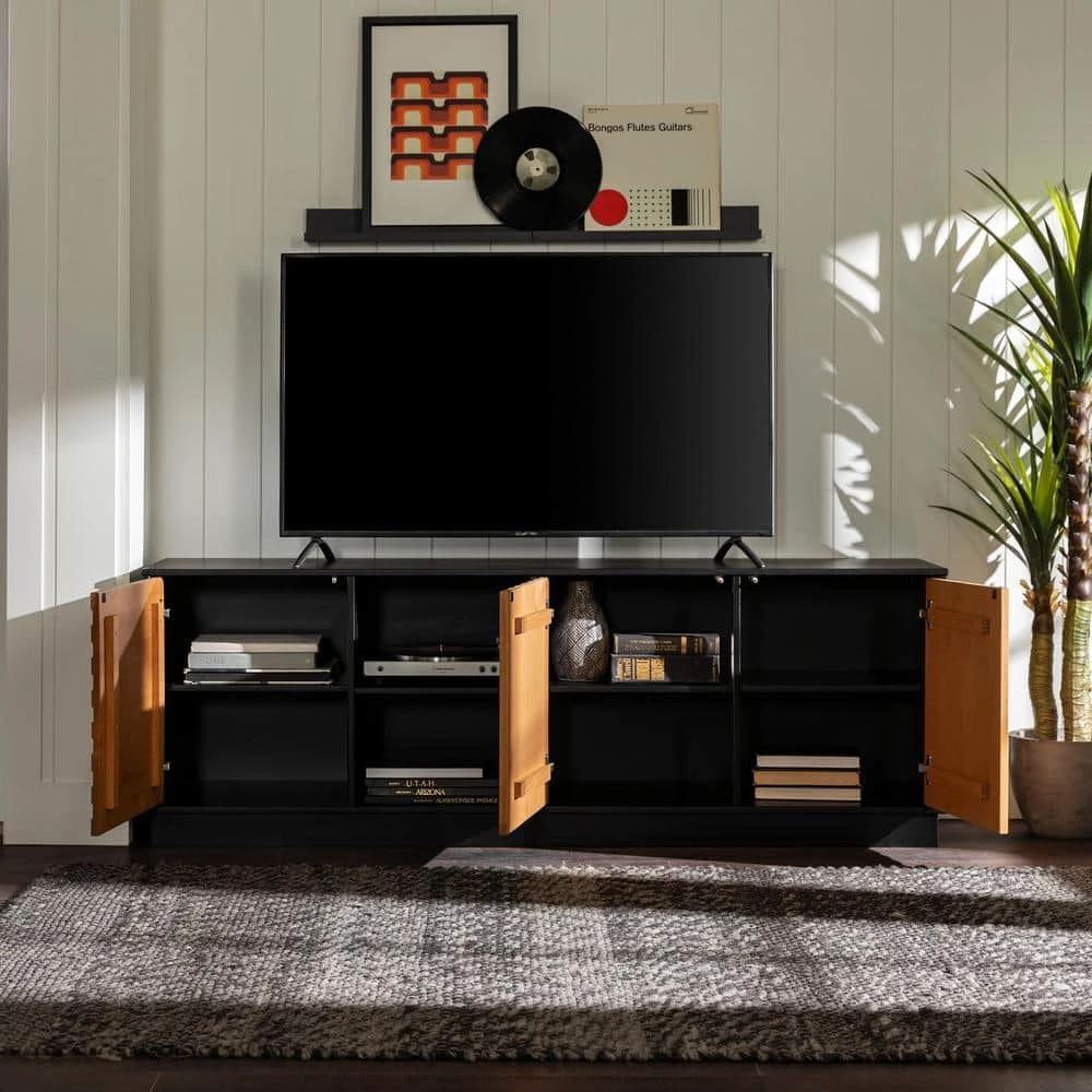 70 in. Caramel and Black Solid Wood Modern Boho TV Stand with 3 Doors (Max tv size 80 in.) by Welwick Designs 2 70 in. Caramel and Black Solid Wood Modern Boho TV Stand with 3 Doors (Max tv size 80 in.) by Welwick Designs - Image 2