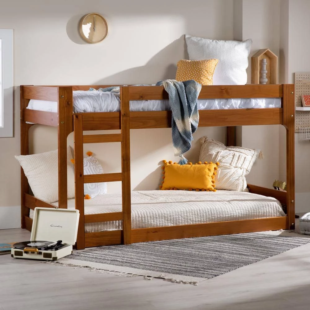 Caramel Solid Wood Twin Over Twin Bunk Bed with Integrated Ladder by Welwick Designs 1 Caramel Solid Wood Twin Over Twin Bunk Bed with Integrated Ladder by Welwick Designs