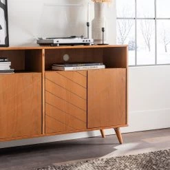 60 in. Caramel Solid Wood TV Stand Fits TVs up to 65 in. with Chevron Groove Doors by Welwick Designs -Deals Welwick Designs Store caramel welwick designs tv stands hd8747 1d 1000