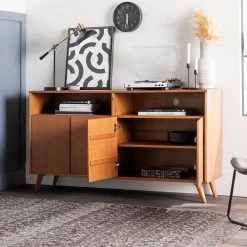 60 in. Caramel Solid Wood TV Stand Fits TVs up to 65 in. with Chevron Groove Doors by Welwick Designs -Deals Welwick Designs Store caramel welwick designs tv stands hd8747 4f 1000