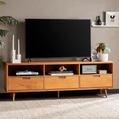 70 in. Caramel Solid Wood Boho Modern 3-Drawer TV Stand Fits TVs up to 80 in. by Welwick Designs