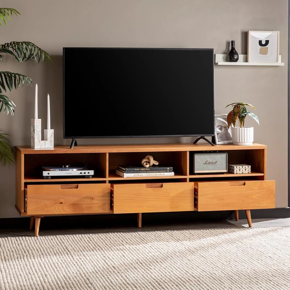 70 in. Caramel Solid Wood Boho Modern 3-Drawer TV Stand Fits TVs up to 80 in. by Welwick Designs 2 70 in. Caramel Solid Wood Boho Modern 3-Drawer TV Stand Fits TVs up to 80 in. by Welwick Designs - Image 2