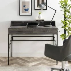 44 in. Rectangular Cerused Ash Wood and Metal Hutch Writing Desk with 2-Drawers by Welwick Designs 13 44 in. Rectangular Cerused Ash Wood and Metal Hutch Writing Desk with 2-Drawers by Welwick Designs -Deals Welwick Designs Store cerused ash welwick designs writing desks hd8834 31 1000