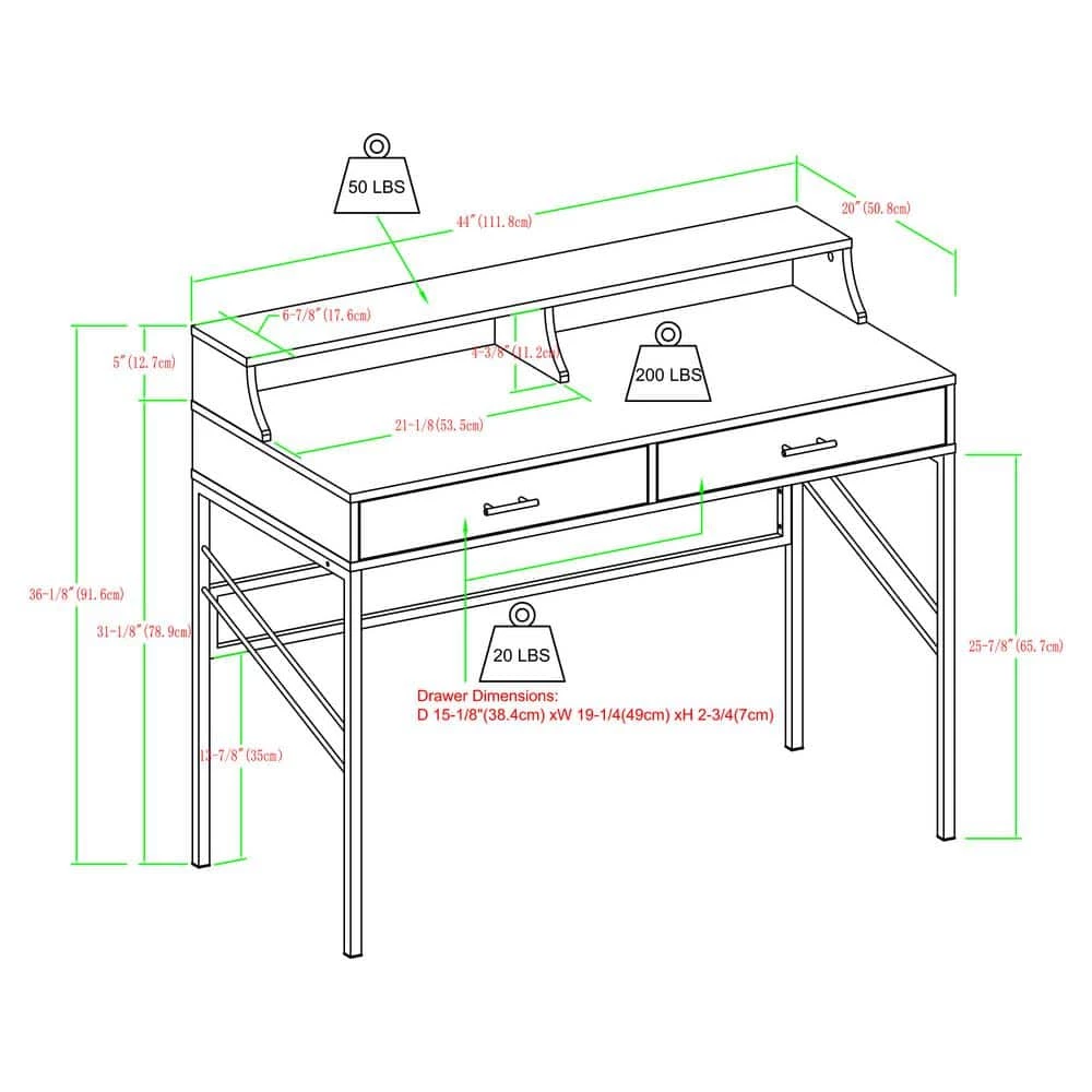 44 in. Rectangular Cerused Ash Wood and Metal Hutch Writing Desk with 2-Drawers by Welwick Designs 3 44 in. Rectangular Cerused Ash Wood and Metal Hutch Writing Desk with 2-Drawers by Welwick Designs - Image 3