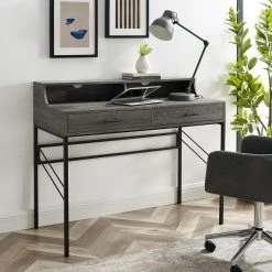 44 in. Rectangular Cerused Ash Wood and Metal Hutch Writing Desk with 2-Drawers by Welwick Designs