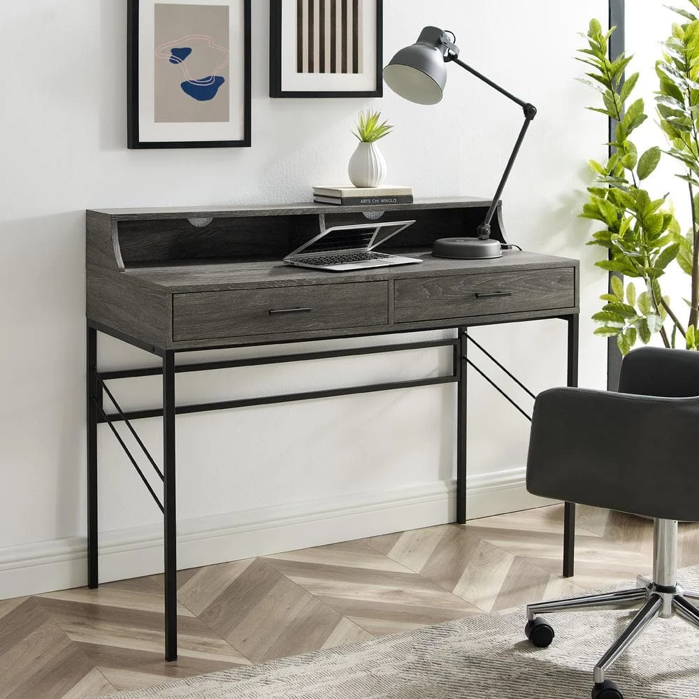 44 in. Rectangular Cerused Ash Wood and Metal Hutch Writing Desk with 2-Drawers by Welwick Designs 1 44 in. Rectangular Cerused Ash Wood and Metal Hutch Writing Desk with 2-Drawers by Welwick Designs