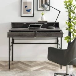 44 in. Rectangular Cerused Ash Wood and Metal Hutch Writing Desk with 2-Drawers by Welwick Designs 12 44 in. Rectangular Cerused Ash Wood and Metal Hutch Writing Desk with 2-Drawers by Welwick Designs -Deals Welwick Designs Store cerused ash welwick designs writing desks hd8834 77 1000