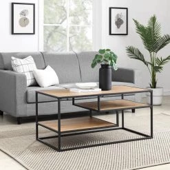40 in. Coastal Oak/Black Metal Modern Rectangle Coffee Table with 2-Shelves by Welwick Designs