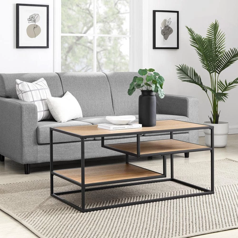 40 in. Coastal Oak/Black Metal Modern Rectangle Coffee Table with 2-Shelves by Welwick Designs 1 40 in. Coastal Oak/Black Metal Modern Rectangle Coffee Table with 2-Shelves by Welwick Designs