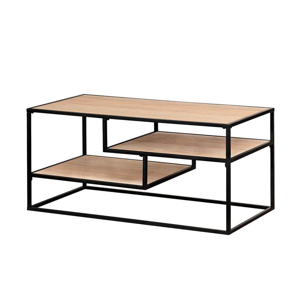40 in. Coastal Oak/Black Metal Modern Rectangle Coffee Table with 2-Shelves by Welwick Designs 2 40 in. Coastal Oak/Black Metal Modern Rectangle Coffee Table with 2-Shelves by Welwick Designs - Image 2