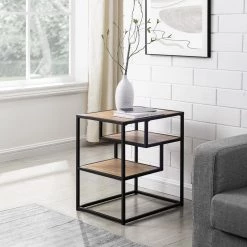 16 in. Coastal Oak/Black Metal Modern Side Table with 2-Shelves by Welwick Designs