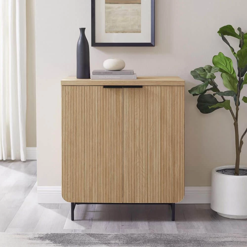 Coastal Oak/Black Wood and Metal Reeded Accent Cabinet with 2 Doors by Welwick Designs 8 Coastal Oak/Black Wood and Metal Reeded Accent Cabinet with 2 Doors by Welwick Designs - Image 8