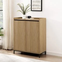 Coastal Oak Wood Modern Tray-Top Accent Cabinet with Metal Legs by Welwick Designs -Deals Welwick Designs Store coastal oak black welwick designs bar cabinets hd9462 31 1000