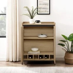 Coastal Oak Wood Modern Tray-Top Accent Cabinet with Metal Legs by Welwick Designs -Deals Welwick Designs Store coastal oak black welwick designs bar cabinets hd9462 77 1000