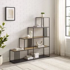 56.25 in. Wide Coastal Oak/Black Metal and Wood Industrial 4-Shelf Divider Bookcase with Bar Details by Welwick Designs -Deals Welwick Designs Store coastal oak black welwick designs bookcases bookshelves hd9312 31 1000