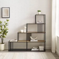 56.25 in. Wide Coastal Oak/Black Metal and Wood Industrial 4-Shelf Divider Bookcase with Bar Details by Welwick Designs