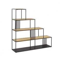56.25 in. Wide Coastal Oak/Black Metal and Wood Industrial 4-Shelf Divider Bookcase with Bar Details by Welwick Designs -Deals Welwick Designs Store coastal oak black welwick designs bookcases bookshelves hd9312 a0 1000