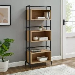 64 in. Coastal Oak/Black Wood Modern 6-Shelf Bookcase with Cubbies by Welwick Designs -Deals Welwick Designs Store coastal oak black welwick designs bookcases bookshelves hd9440 31 1000